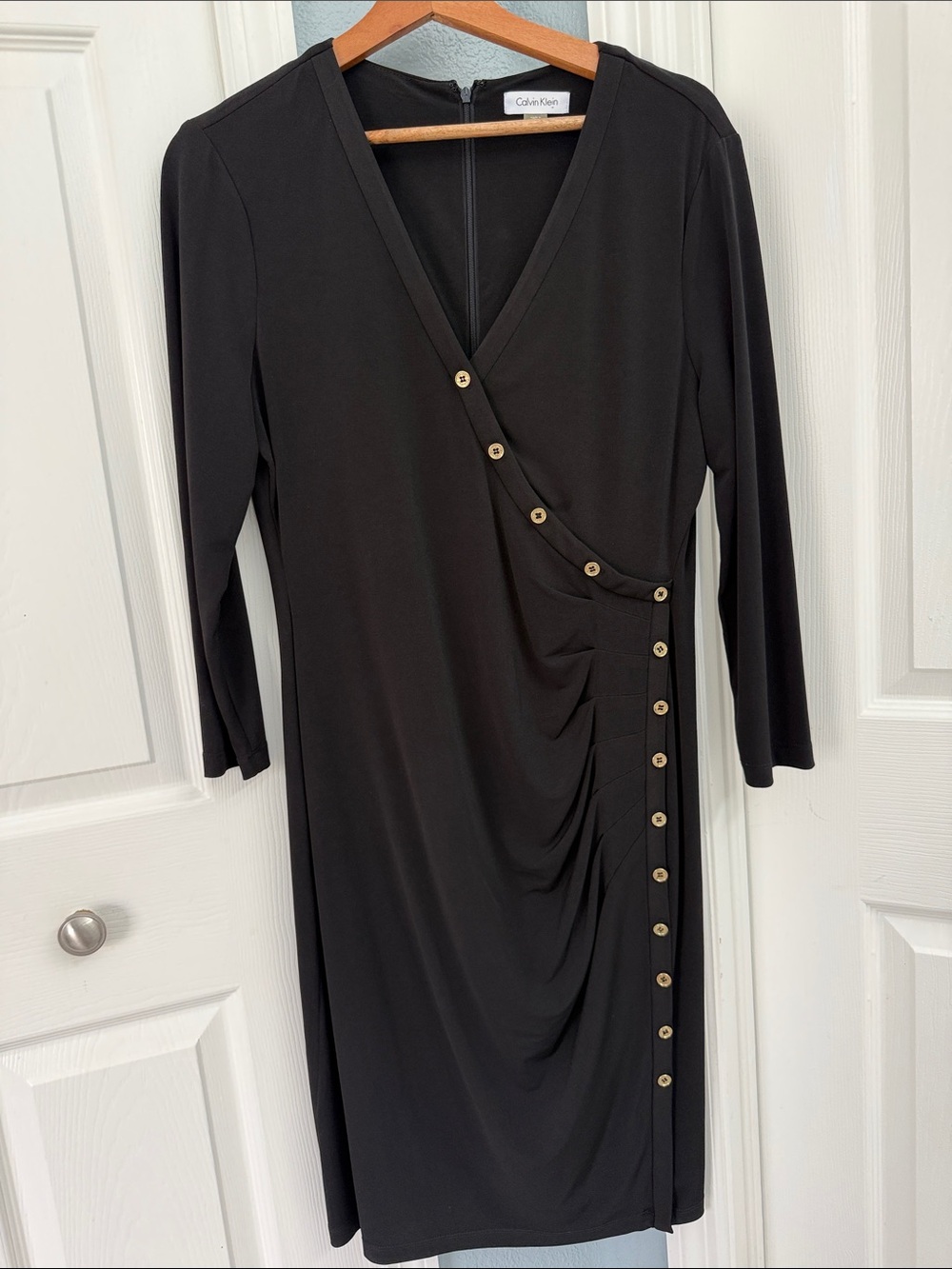 Calvin Klein Black Faux-Wrap Midi Dress with Gold Buttons size 12